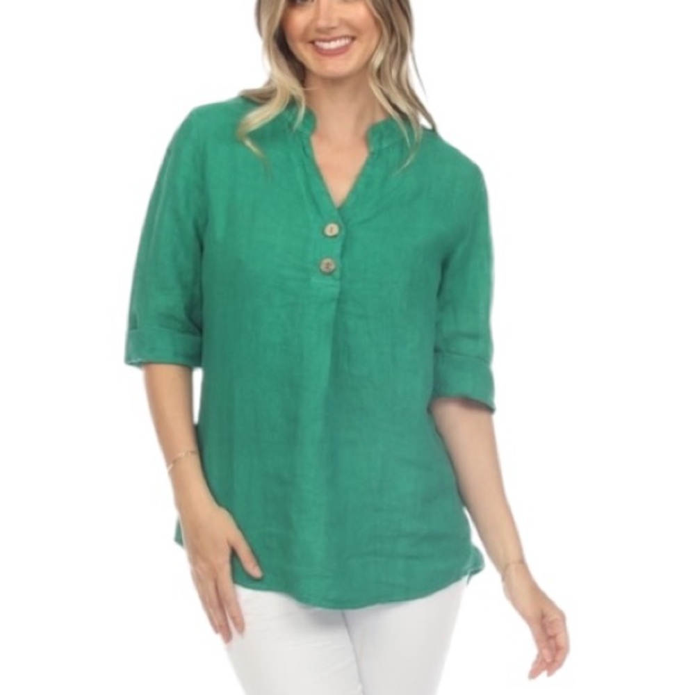 Floral Ashley Italy Emerald Green Linen Oversized Tunic Top Blouse - M